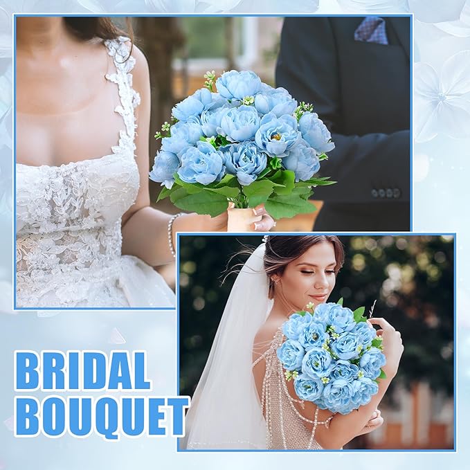 8 Pack Blue Peonies Artificial Flowers, Fake Silk Hydrangea Bouquet for Bridal Wedding Home Table Decor Reusable Dining Opening Ceremony Birthday Arrangement Faux Floral
