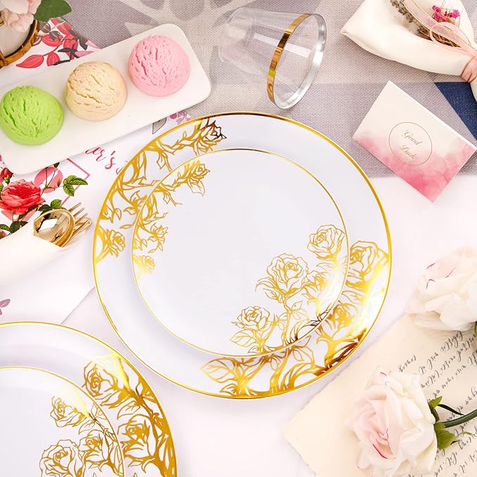 DaYammi 210Pcs White Gold Plastic Plates for Party,Gold Disposable Dinnerware Set Includes 60 gold floral plates,30 plastic Silverware,30 Per Rolled Napkins,30 Plastic Cups for Christmas Party Wedding