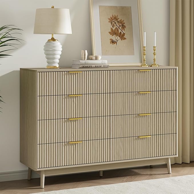 LYNSOM Fluted 8 Drawer Dresser for Bedroom, 55" Wide Modern Chest of Drawers with Curved Profile Design and Metal Handles, Wood Dresser TV Stand & Storage Organizer for Bedroom, Hallway, Beige