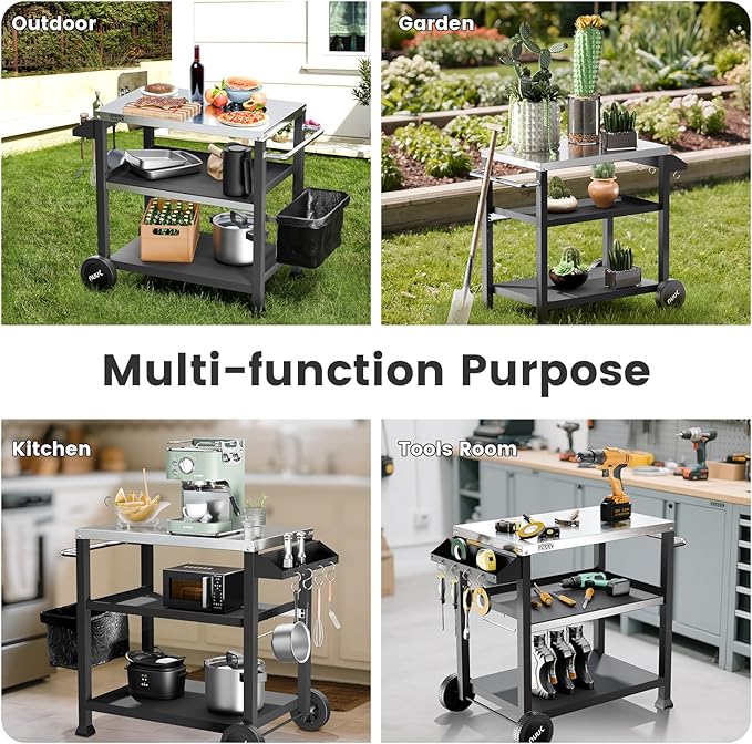NUUK 3-Shelf Grill Cart for Outdoor with Stainless Steel Top – 20" x 32" Movable Pizza Oven Stand with Wheels Kitchen Prep Table BBQ Cart Worktable
