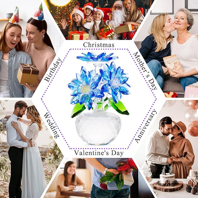 YWHL Beautiful Crystal Flower Gifts for Women, Blue Glass Flower Figurine with Stand, Handmade Art Collectible Statue Decor (Blue)