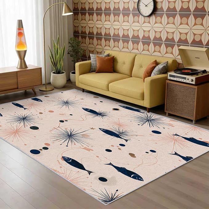 Mid Century Modern Rug 6x9 Starburst Atomic Fish Retro Pattern Area Rugs for Living Room, Bedroom, Mid Century Modern Home Decor Accessories Indoor Carpet, Non Slip & Machine Washable