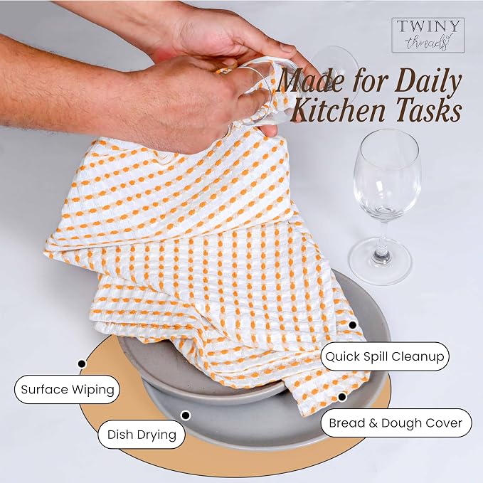 TWINY threads Waffle Dish Towels Set of 4, 16"x26" Kitchen Cloths, 100% Cotton, Soft & Absorbent Waffle Weave Hand Towel for Drying, Wiping, Polishing & Daily Kitchen Tasks, Mustard Yellow, White