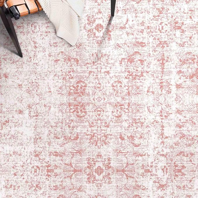 4x6 Rug, Small Area Rug for Living Room, Bedroom, Kitchen, Machine Washable Non-Slip Throw Rug, Vintage Distressed Floral Carpet for Entryway Nursery Dinner Room - Durable (Pink)