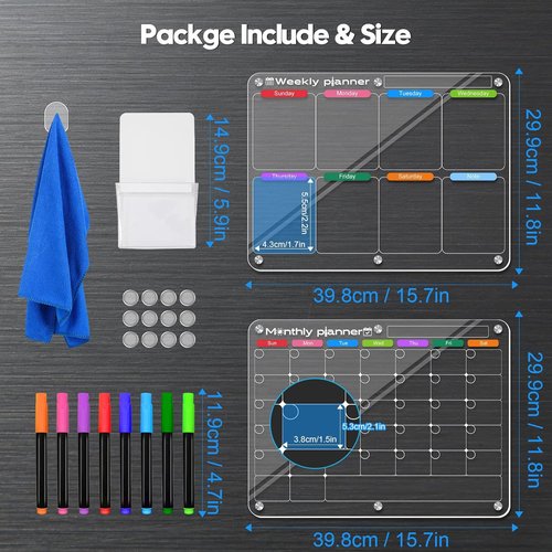 Magnetic Acrylic Dry Erase Calendar Board Set by [Brand Name] - Clear Weekly & Monthly Planner | 2 Pack with 8 Markers (11.8" × 15.7")