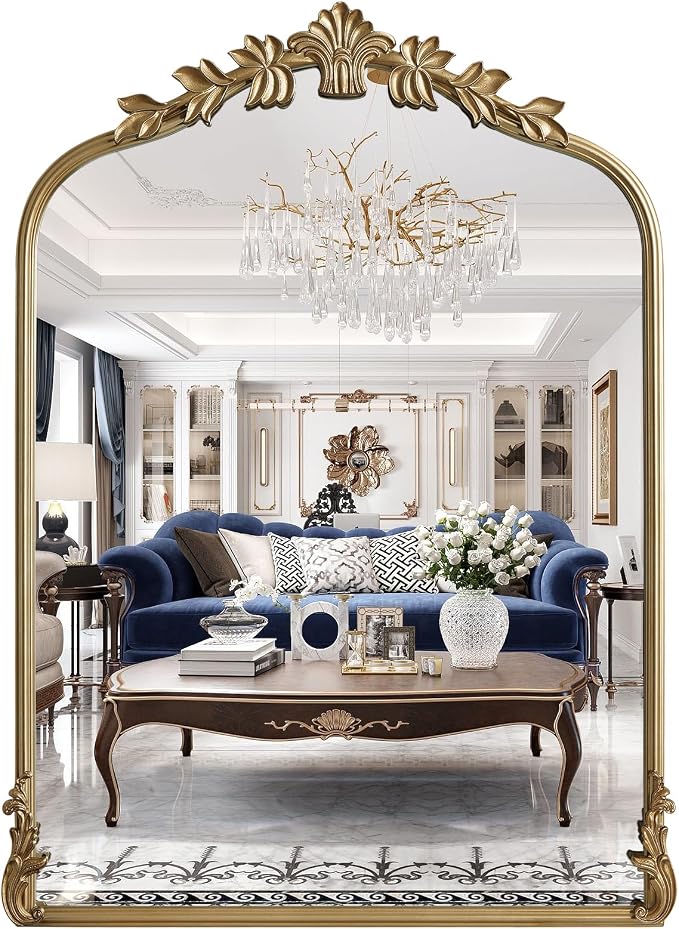 WallBeyond Gold Antique Mirror for Vanity 22x30 Inch, Gold Vintage Mirror with Ornate Frame, Arched Vintage Wall for Bathroom, Living Room, Fireplace