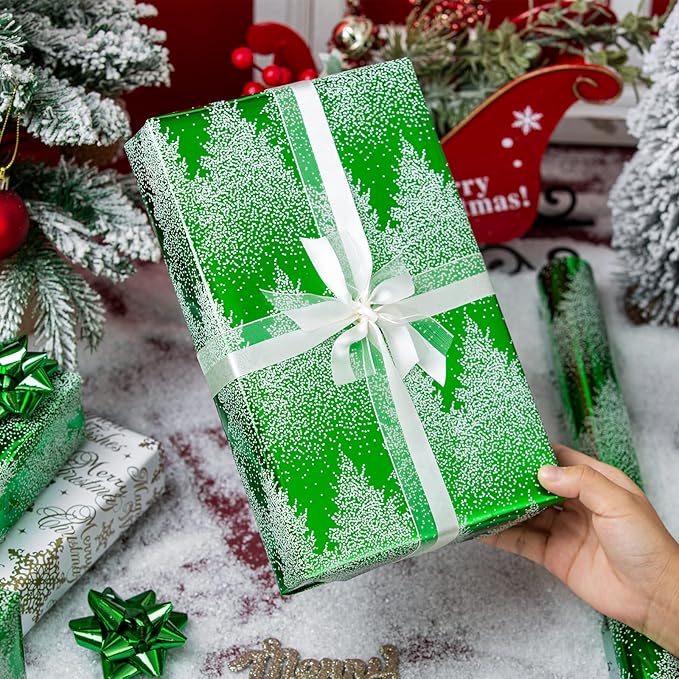 MAYPLUSS Christmas Wrapping Paper Roll, 17 Inch X 16.5 Feet Gift Wrapping Paper Featuring Green Christmas Tree Reversible Snowflake, Thick Wrap Paper for Holiday Party New Year Kids