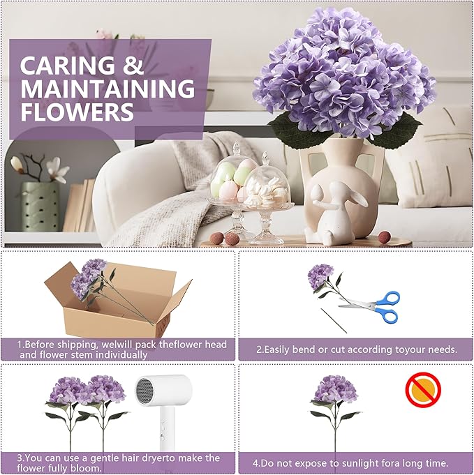 4 Pcs Long Stem Big Size Artificial Hydrangea Flowers for Home Wedding Decor, Party Centerpieces, Office Decoration,Shower (Violet Purple)
