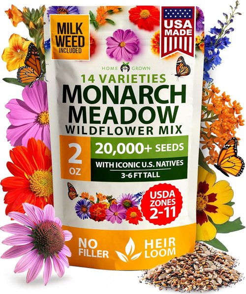 HOME GROWN Premium Monarch Butterfly Wildflower Seeds Mix - 20,000+ Non-GMO Perennial Seeds for Pollinator Gardens (2oz)