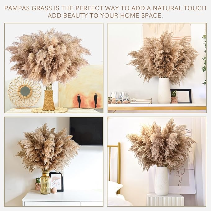 22pcs Pampas Grass Decor-Natural Dried Fluffy Brown Pompas Grass,Short Fluffy Pampas Grass Bulk for Small Boho vases,Wedding Flower,Boho Home Decor,Living Room Table Decor(17inch)