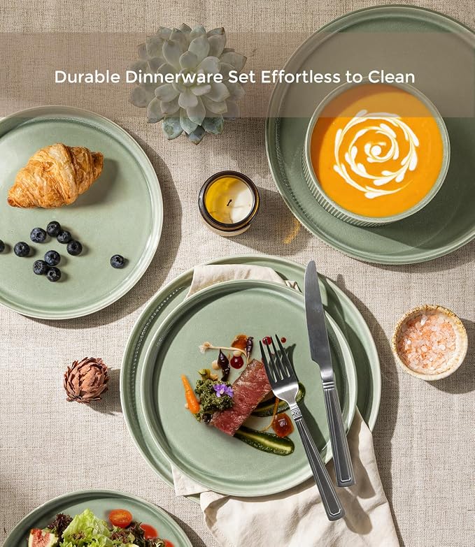GBHOME 12-Piece Stoneware Dinnerware Set for 4 – Ribbed Ceramic Plates and Bowls, Scratch-Resistant, Microwave & Dishwasher Safe, Reactive Glaze, Light Green