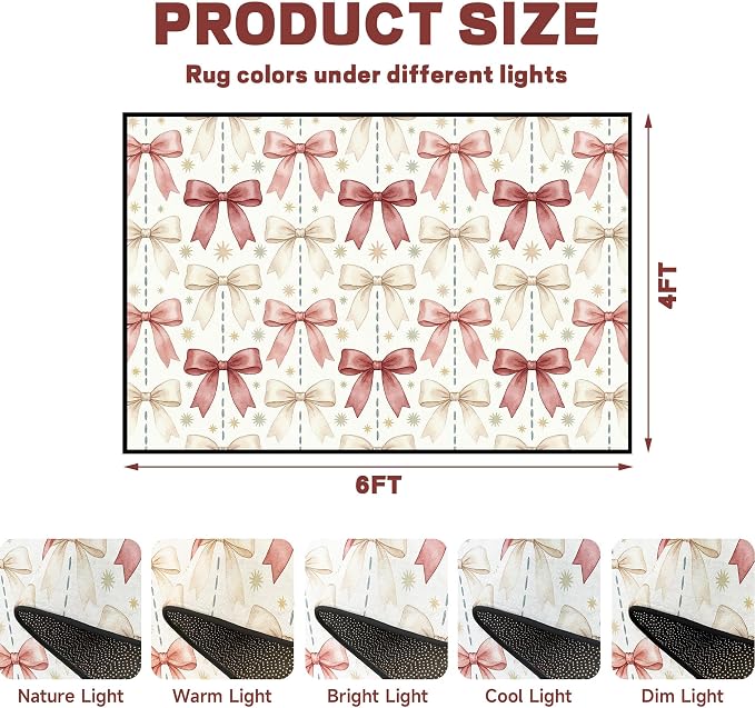 Pink Bowknot Area Rug 4'x6' Watercolor Coquette Aesthetic Non-Slip Washable Carpet for Bedroom Living Room Nursery Kitchen Playroom Home Decor Soft Low Pile Floor Mat