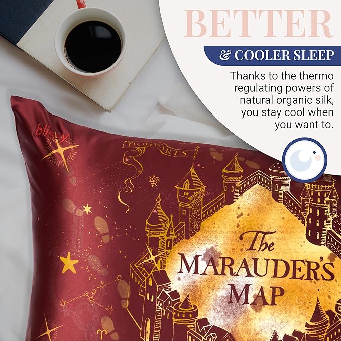Blissy Silk Pillowcase - 100% Pure Mulberry Silk - 22 Momme 6A High-Grade Fibers - Silk Pillow Cover for Hair & Skin - Regular, Queen & King (Harry Potter - Marauder's Map, Queen)