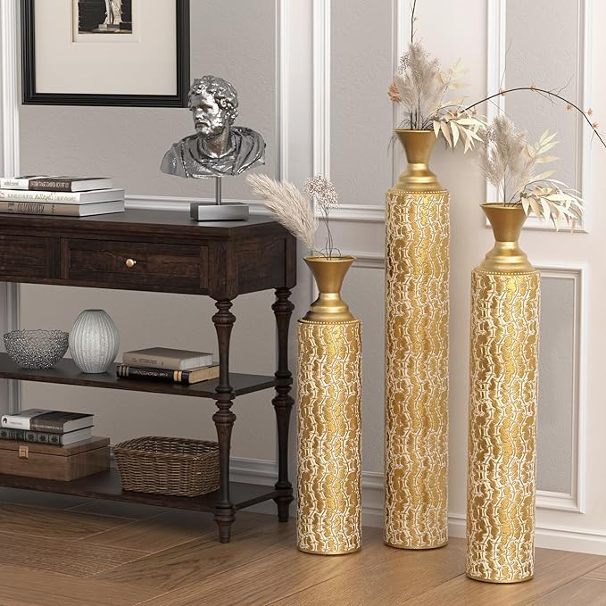 Metal Floor Vases Decorative, Set of 3 Flower Arrangement Stand, Metal Decorative Vase Tall Distressed Metallic Centerpiece Vases with Growing Vine Patterns, 34", 29", 25" H (Antique Gold1)