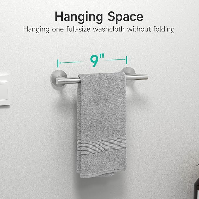 USHOWER Brushed Nickel Hand Towel Bar, 9-Inch Towel Racks for Bathroom Wall-Mounted, SUS304 Stainless Steel Towel Rod (Total Length 11-Inch)