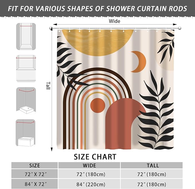 Mid Century Abstract Boho Aesthetic Shower Curtain Set, Green Nature Leaf Sun Modern Minimalist Home Bathroom Curtain Decor with 12 Hooks 72 Inch Wide * 72 Inch High