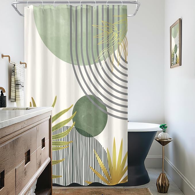 KOMLLEX Mid Century Mint Green Boho Shower Curtain for Bathroom Decor 48Wx72H Inches Abstract Modern Botanical Minimalist Arch Plant Chic Neutral Fabric Waterproof Polyester 8 Pack Hooks Pack Hooks