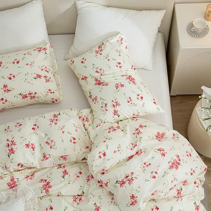 VM VOUGEMARKET Pink Floral Comforter Set Twin XL Cream Bedding Comforter for Teen Girls Women All Season Garden Flower Comforter Set