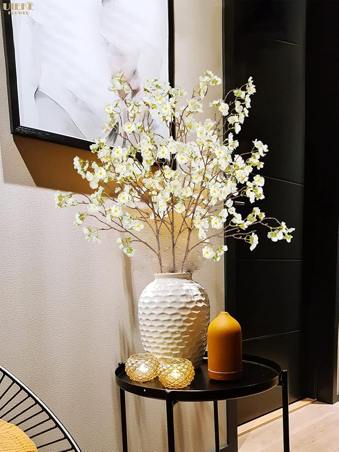 Uieke 3PCS Artificial Cherry Blossom Flowers, 40.5in Silk Cherry Blossom Branches Long Stems Fake White Flowers Arrangements for Wedding Home Japanese Sakura Room Decor