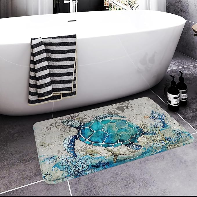 Britimes Bath Mat for Bathroom, Blue Turtle Washable Cover Floor Rug Carpets Floor Mat Bathroom Decorations 16x24 Inches for Kitchen Bedroom Indoor