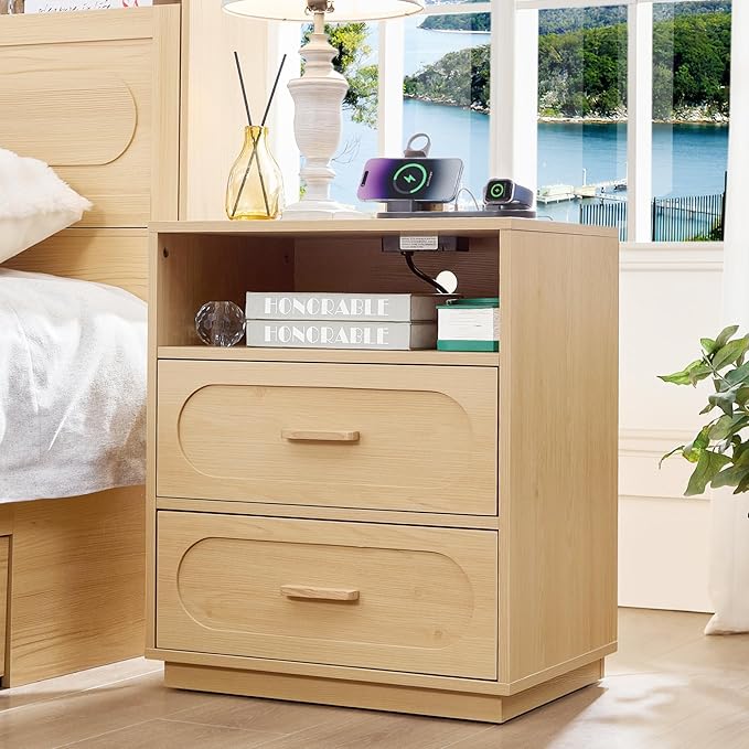Nightstand with Charging Station, Modern End Table with 2 Drawers Storage, Space-Saving Wood Storage Cabinet with Unique Base Design, Bedside Table for Bedroom, Living Room, Natural Oak