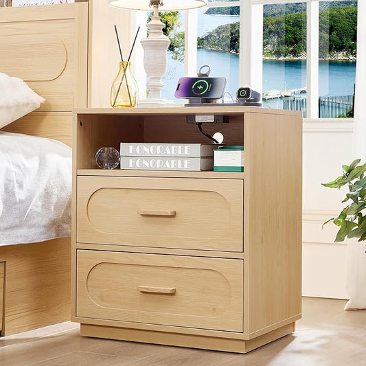 Nightstand with Charging Station, Modern End Table with 2 Drawers Storage, Space-Saving Wood Storage Cabinet with Unique Base Design, Bedside Table for Bedroom, Living Room, Natural Oak