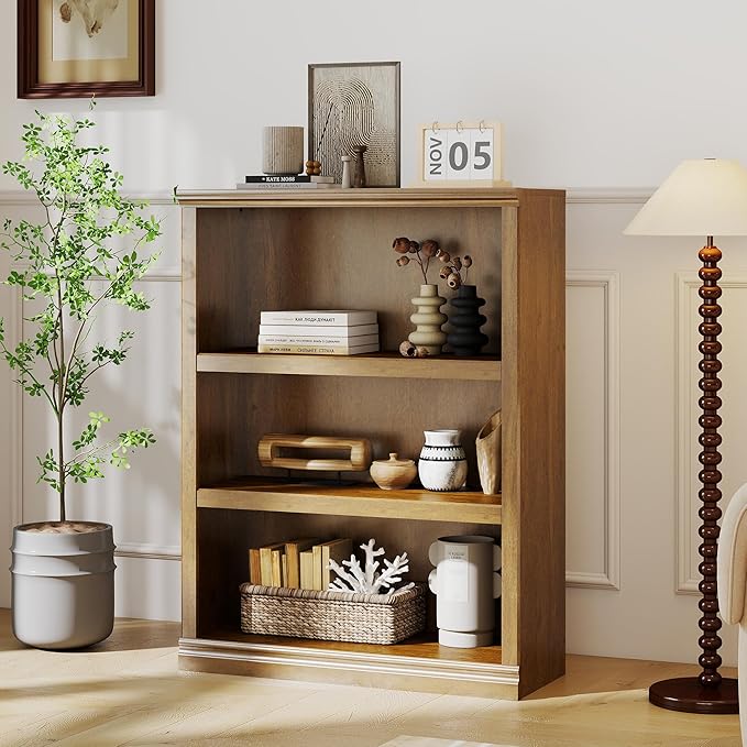 blini 3-Shelf Bookcase Wooden Bookshelves 33in Wide Floor Standing Display Storage Shelves Vintage Oak Bookcase for Home Office, Living Room, Bed Room