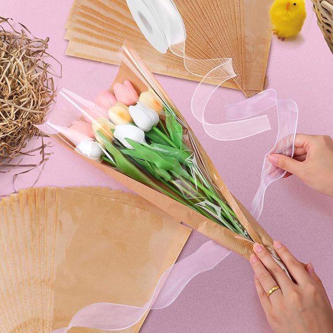GALPADA Kraft Paper Floral Bag Floral Wrapping Paper Ribbons Sturdy Bouquet Wrapping Bags for Easy Flower Packaging