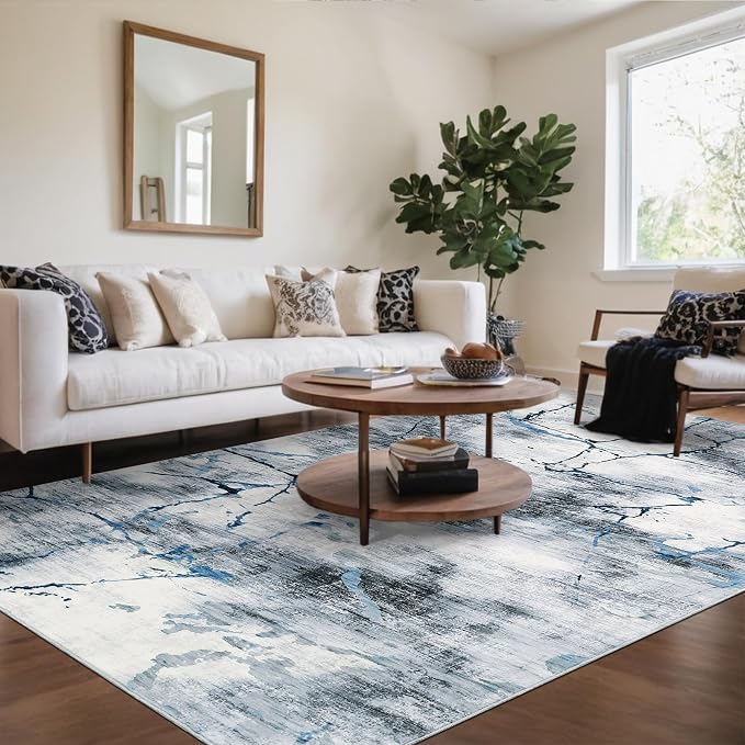 Area Rug 5x7 Washable Modern Abstract Rug for Living Room Water Ink Abstract Small Accent Carpets Low Pile Soft Bedroom Floor Covers Non Shedding Office Carpet Mat for Porch Kitchen， Blue