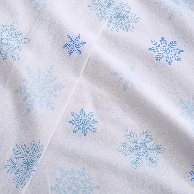 Market & Place 100% Turkish Cotton Flannel Sheet Set | 4 Piece Deep Pocket Novelty Cozy Winter Bed Sheets | Double Brushed for Extra Softness & Comfort | Alpine Collection (Full, Blue Snowflake)