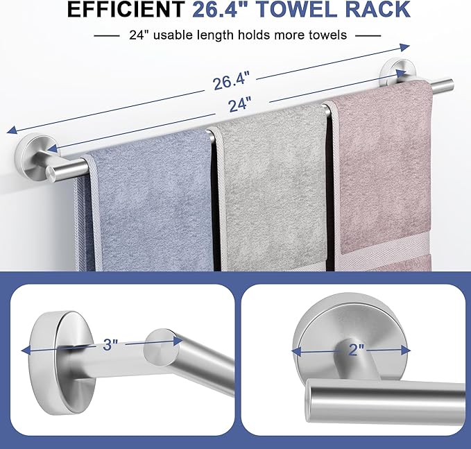Brushed Nickel Towel Bar, 24 Inch Towel Racks for Bathroom Wall Mounted, SUS304 Stainless Steel Bathroom Towel Holder, Total Length 26.4 Inch Towel Bars