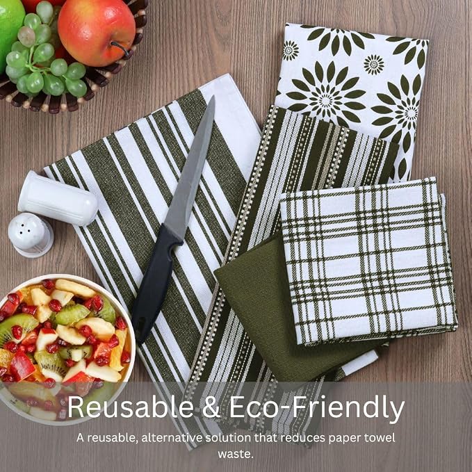 Assorted Kitchen Towels Set of 5-100% Cotton Dish Cloths Towels with Hanging Loop - Soft, Absorbent & Washable for Kitchen Use - Quick Drying Dish Towels 16x26 Inch Green
