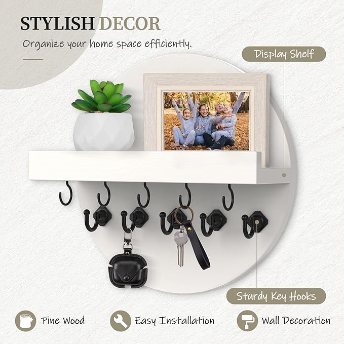 Nekon Key Holder Wall Mount, Key and Mail Organizer for Wall, 9.8 Inch Round Wooden Rustic Wall Organizer for Entryway, Hallway, Kitchen, Office (White)