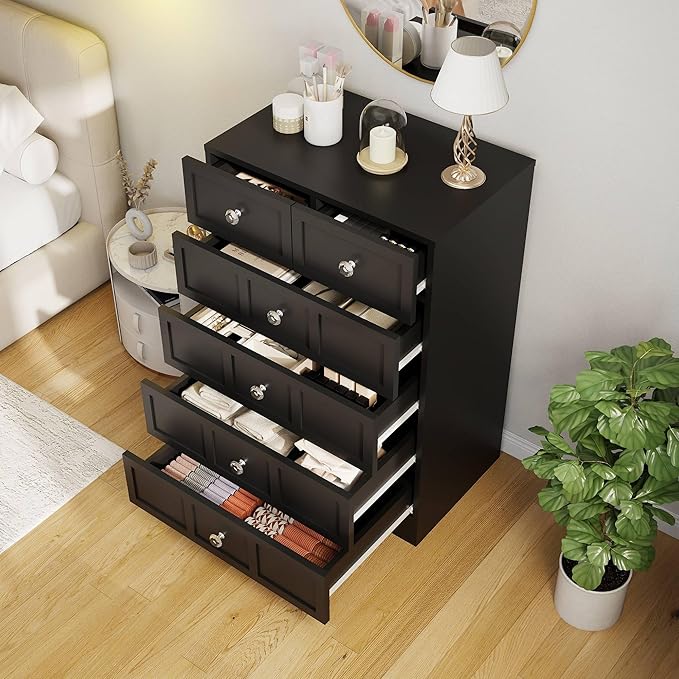 6 Drawer Dresser for Bedroom: 24" Fluted Black Dresser Deep Drawers, Modern Chest of Drawers for Bedroom, Fluted Wood Dressers for Living Room, Hallway (Black, 24")