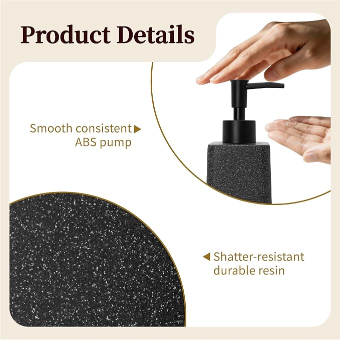Bathroom & Kitchen Countertop Soap Dispenser, Modern Sandstone-Look Resin Bottle with ABS Pump, Durable Shatter-Resistant 8.5 oz Dispenser (Black)