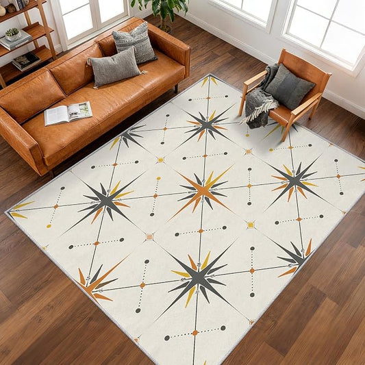 Atomic Rugs for Bedroom 5x7 ft, Mid Century Modern Area Rugs for Living Room, Washable Non Slip Low Pile Starburst Carpet, Home Decor PF-P 107
