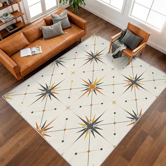 Atomic Rugs for Bedroom 4x4 ft, Mid Century Modern Area Rugs for Living Room, Washable Non Slip Low Pile Starburst Carpet, Home Decor PF-P 107