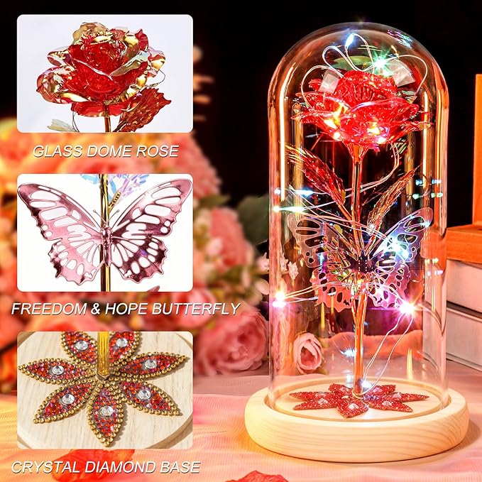 Beferr Christmas Birthday Gifts for Women, Mom Gifts for Christmas Galaxy Glass Rose Forever Preserved Flowers for Delivery Prime Rose in Glass Dome Xmas Gifts for Grandma Wife Sister Her, Red