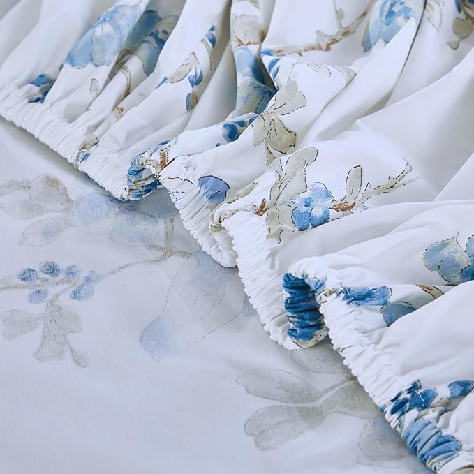 Brandream King Size Sheet Set Luxury Floral Blossom Birds Bedding Collections 800 Thread Count 100% Egyptian Cotton Deep Pocket, 4 Piece White Botanical Branches Blue Flower
