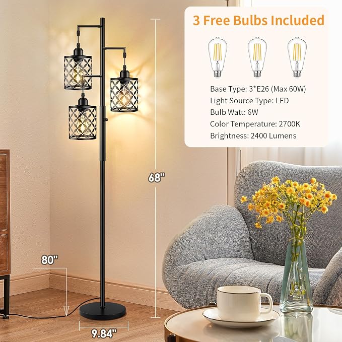 Dimmable Floor Lamp, Farmhouse Standing Lamp with Elegant Metal Cage, Industrial Tall Tree Floor Lamps for Living Room, Bedroom, Study Room, Office, 2400LM LED Bulbs Included - 68", Black
