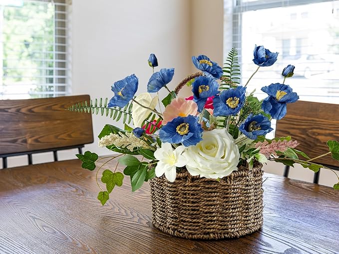 6PCS Dark Blue Faux Poppies Artificial Poppy Flowers with Realistic Silk Long Stems for Table Office Centerpiece Outdoor Indoor Cemetery