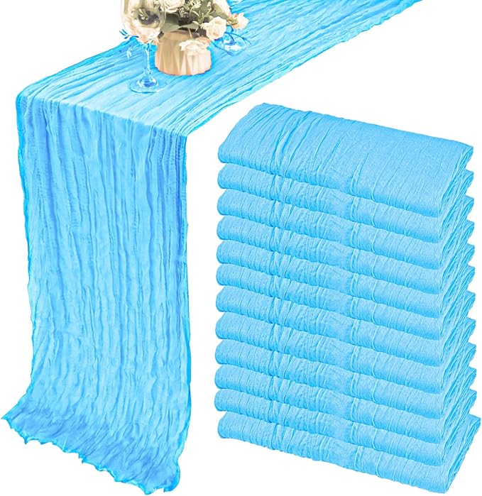 12 Pack 10Ft Cheesecloth Table Runner 35x120 Inch Boho Gauze Table Runner Rustic Cheese Cloth Long Romantic Table Runners for Wedding Bridal Shower Birthday Party Table Decor (Baby Blue)