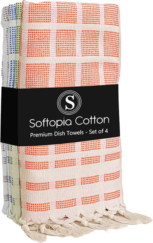 Matrix Dobby Kitchen Towels Set of 4, 100% Cotton, Combo Pack, 16"x26", Absorbent Tea Towels with Handmade Tassels, Reusable Cleaning Cloths - Orange, Mint Green, Sky Blue, Beige