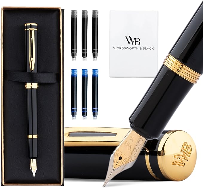 Wordsworth and Black Fountain Pen Mini EDC: Luxury Black Heavy Pocket Pen, Gold Finish, Medium Nib, 6 Ink Cartridges, Ink Converter, Travel Refillable Writing Pen Gift Set, Men & Women