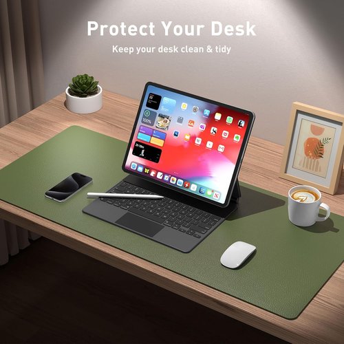 Aothia Leather Desk Pad Protector - Non-Slip PU Leather Office Mat | Waterproof Writing Pad (36" x 17", Olive Green)