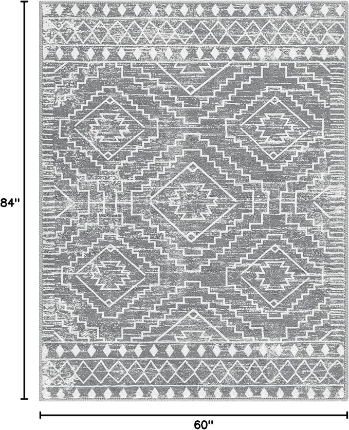 Wonnitar Moroccan Gray Area Rugs for Living Room, Washable 5x7 Boho Bedroom Rugs, Non-Slip Large Soft Dining Room Throw Mat, Floor Carpet for Basement Guest Room Office (Silver Grey,5'x7')