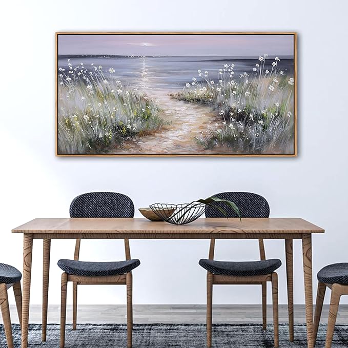 KLAKLA Bedroom Decor Wall Art Blue Beach Picture Ocean Theme Flower Canvas Print Modern Coastal Seascape Painting Framed Seaside Artwork Floral Daisy for Home Sea Lake Living Room 20x40 Inch