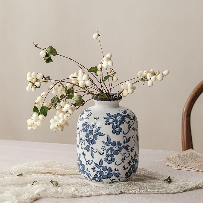 Blue and White Vintage Vase, Ceramic Chinoiserie Floral Vases, Round Farmhouse Rustic Large Flower Vase for Home Decor, Living Room, Office, Bookshelf, Grand Millennial Chinoiserie Decor 7.7 Inch