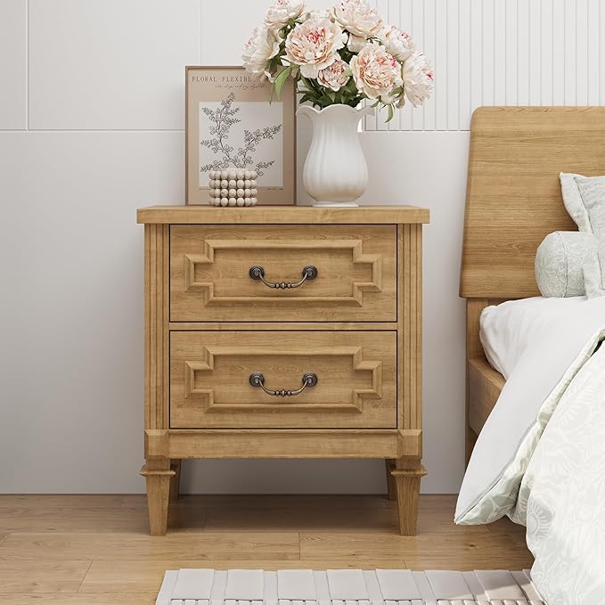 BLANKSPACE Farmhouse Nightstand wtih Vintage Surface, 26" Tall End Table, Side Table with 2 Drawers Storage Cabinet for Bedroom, Living Room, Natural Oak