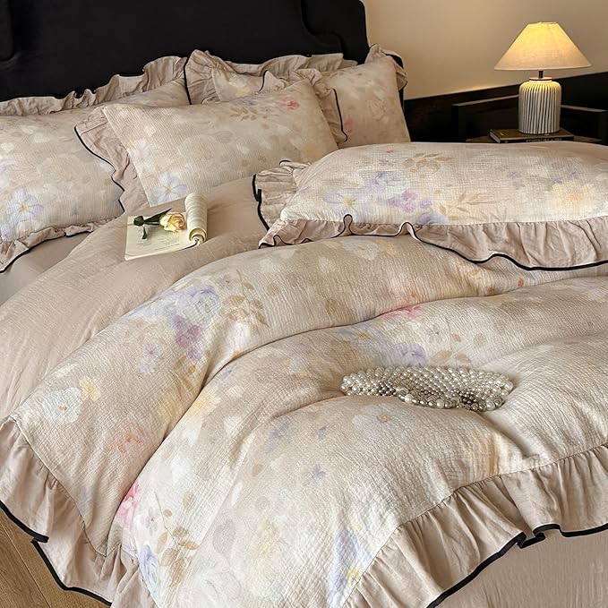 VM VOUGEMARKET Vintage Flower Duvet Cover Set King Ruffled Linen Gauze Duvet Cover with 2 Pillow Shams Soft Breathable Muslin Cotton Bedding Set-Ivory